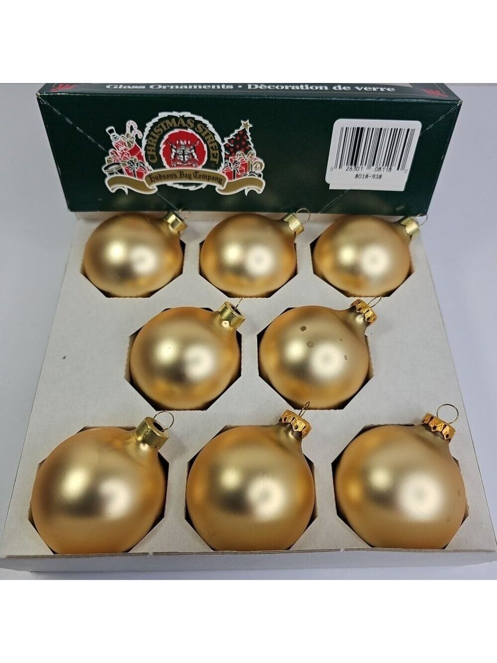 Hudson Bay Co Vintage Glass Christmas Ornaments Rauch USA 8pcs Gold With Box VTG